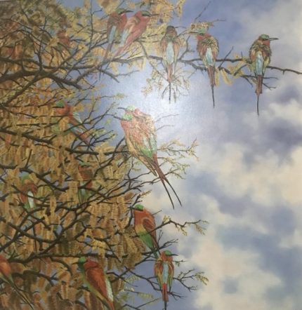 Uccello esotico Ali Natura viva Colori vibranti Pittura simbolica Creatura magica