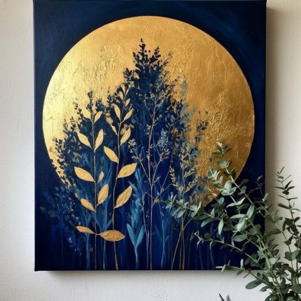 Foglia d'oro Arte moderna Natura astratta Blu e oro Oro brillante Decorazione di lusso Minimalismo Contemporary art